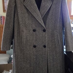 Women's Gray Herringbone double-breasted wool full lenth coat made in USA. sz xl